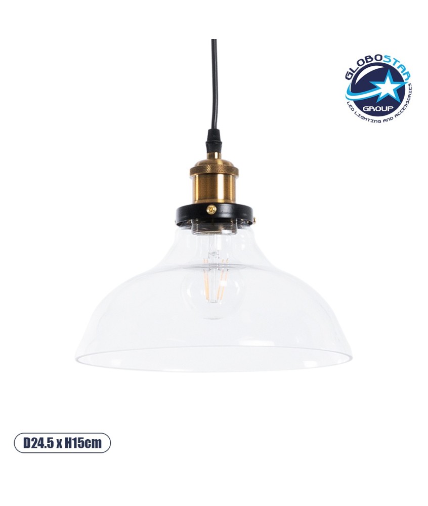 GLOBOSTAR® BINGLEY 01075 Vintage Κρεμαστό Φωτιστικό Οροφής με Ντουί 1 x E27 AC 220-240V IP20 - Διάφανο & Χρυσό - Μ24.5 x Π24.5 x Υ15cm